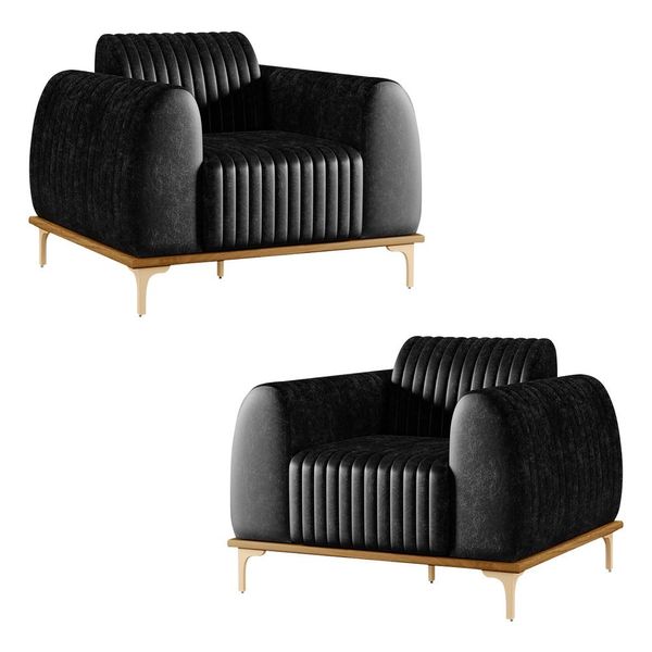 Kit 2 Poltronas Decorativas Sala de Estar Base de Madeira Euro PU Preto - Gran Belo