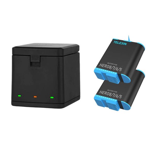 Carregador Triplo + 2 Baterias para GoPro Hero 8 / 7 / 6 / 5 Black - Telesin