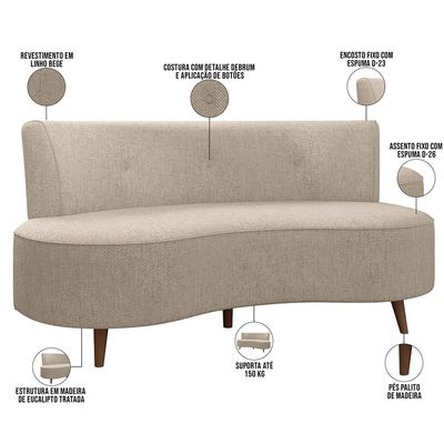 Sofá Chaise Living 2 Lugares 135cm para Sala Istambul K01 Linho Bege - Lyam Decor