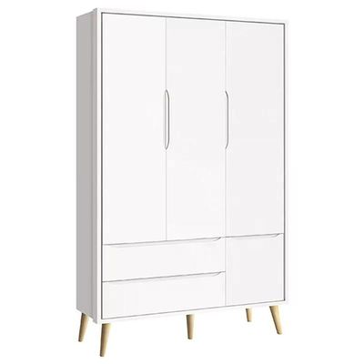 Quarto Com Berço Theo E Guarda Roupa 3 Portas Branco Fosco E Pés Madeira Natural - Reller Móveis Branco Fosco