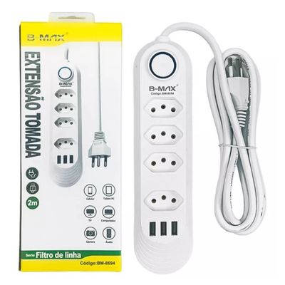 Filtro de linha e extensão 4 tomadas + 3 USB  c/ cabo 2 mt