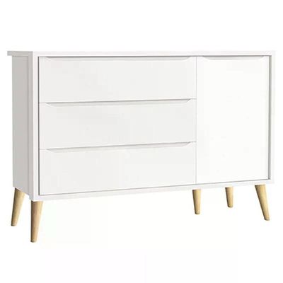 Quarto Com Berço Theo E Cômoda Com Porta Branco Fosco E Pés Madeira Natural - Reller Móveis Branco Fosco