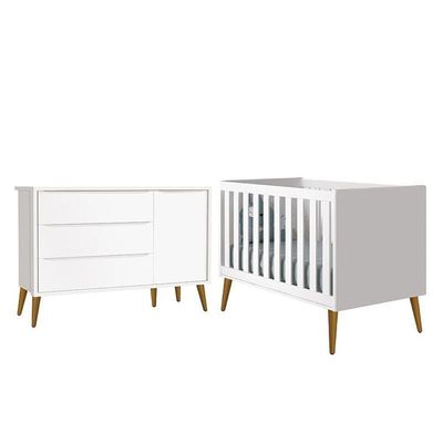 Jogo De Quarto Infantil Theo Retrô Cômoda 1 Porta E Berço Branco Fosco Com Pés Amadeirado - Reller Móveis Branco Fosco