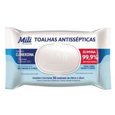 Lenço Umedecido ou Toalhas Antissépticas Mili  12 pacotes c/ 50 (total: 600 toalhas)