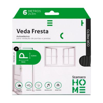Veda Fresta Portas e Janelas Stamaco Home Borracha Vedação Adesiva Modelo P Rolo 6 Metros Preto