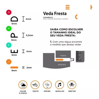 Veda Fresta Portas e Janelas Stamaco Home Borracha Vedação Adesiva Modelo P Rolo 6 Metros Preto
