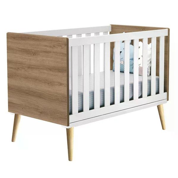 Berço Mini Cama Theo Branco Fosco/mezzo Fosco Com Pés Madeira Natural - Reller Móveis Branco Fosco/mezzo Fosco