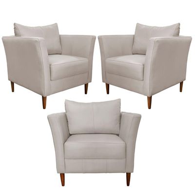 Kit 3 Poltronas Decorativa Sala de Estar Pés Palito Lubbock Couro Off White - Gran Belo