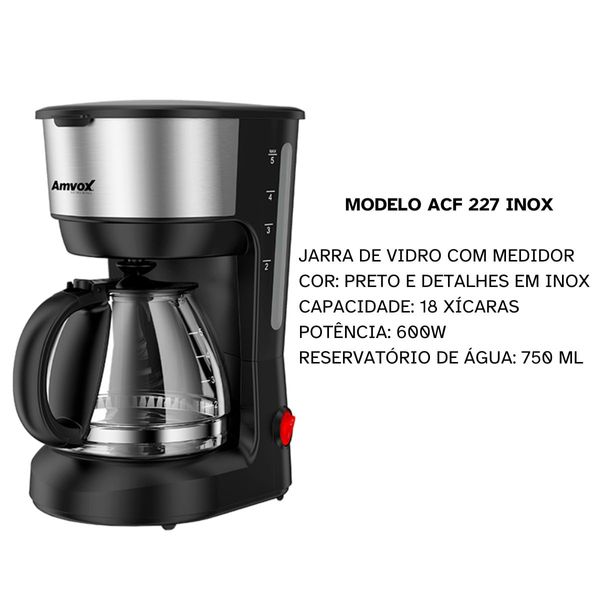 Cafeteira 600W 750ml AMVOX ACF227 18 Xic Prt Inox 220V