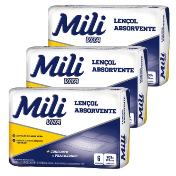 Lençol Descartável  Absorvente Mili Vita para adulto  3 pacotes com 6 lençóis   Total 18 lençóis