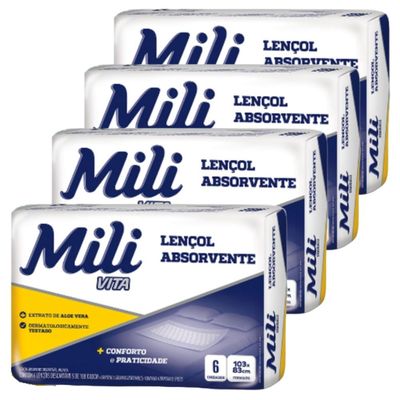 Lençol Descartável  Absorvente Mili Vita para adulto   4 pacotes com 6 lençóis   Total 24 lençóis