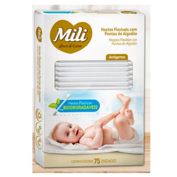 Cotonete Hastes Flexiveis 1 caixa c/ 75 unidades Biodegradável - MILI Cotonete Hastes Flexiveis 1 caixa c/ 75 unidades Biodegradável - MILI
