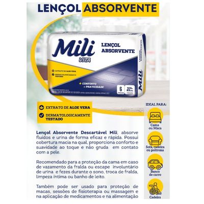 Lençol Descartável Absorvente Mili Vita p/adulto 6 pacotes com 6 lençóis (Total:36 lençóis)