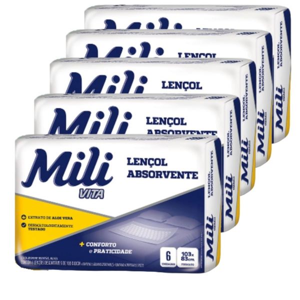 Lençol Descartável  Absorvente Mili Vita para adulto  5 pacotes com 6 lençóis   Total 30 lençóis