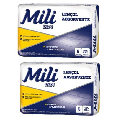 Lençol Descartável  Absorvente Mili Vita para adulto   2 pacotes com 6 lençóis   Total 12 lençóis
