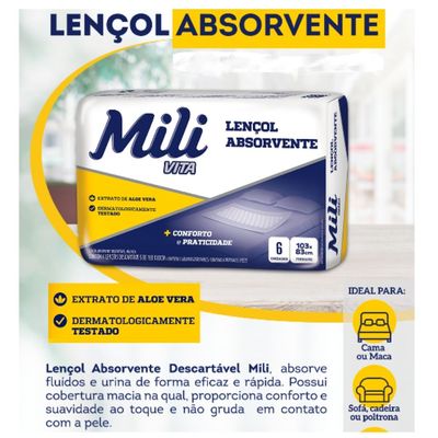 Lençol Descartável  Absorvente Mili Vita para adulto  5 pacotes com 6 lençóis   Total 30 lençóis
