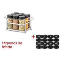 Porta Tempero Condimento 9 Potes Vidro Tampa Dosadora Suporte Cromado Organização Cozinha