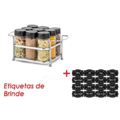 Porta Tempero Condimento 9 Potes Vidro Tampa Dosadora Suporte Cromado Organização Cozinha