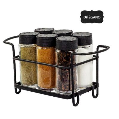 Porta Tempero Condimento 6 Potes Vidro Tampa Dosadora Suporte Preto Organização Cozinha