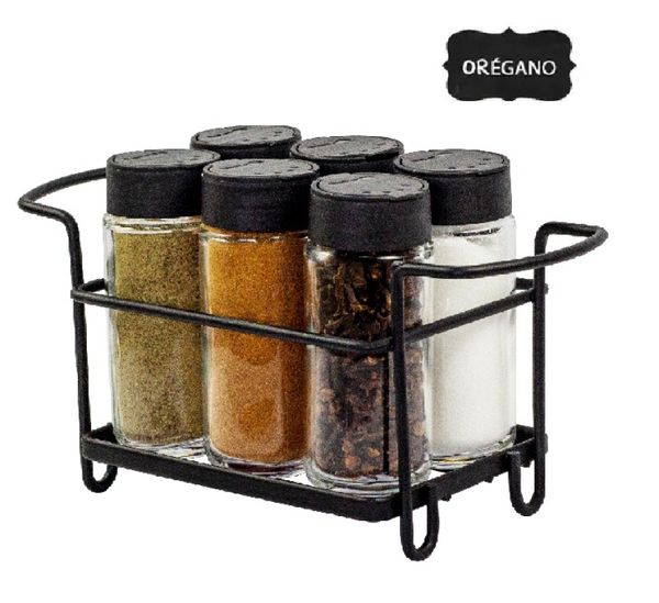 Porta Tempero Condimento 6 Potes Vidro Tampa Dosadora Suporte Preto Organização Cozinha