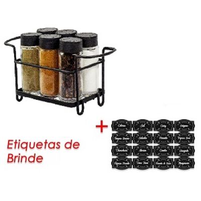 Porta Tempero Condimento 6 Potes Vidro Tampa Dosadora Suporte Preto Organização Cozinha