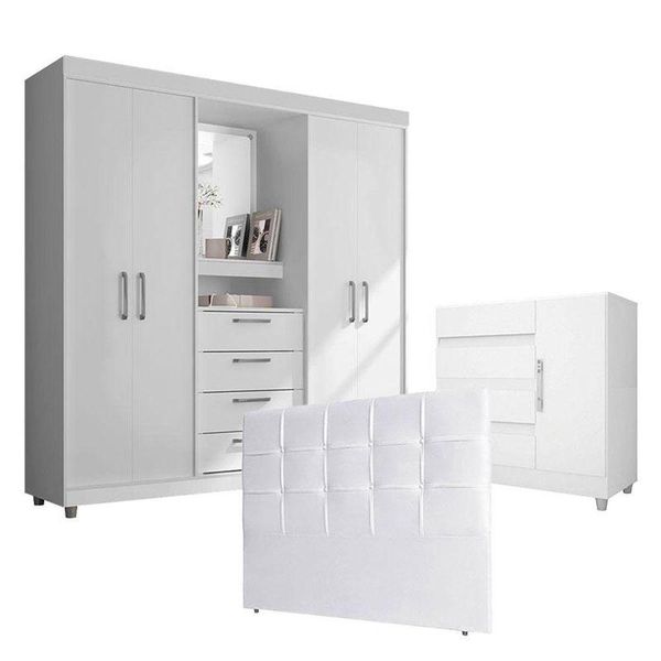 Quarto De Casal Guarda Roupa 2218 Cômoda 8000 E Cabeceira Luiza 140 Cm Branco - Araplac