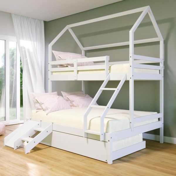 Treliche Casinha Casal-solteiro Slim Rb E Mini Escada-escorregador Madeira Maciça Branco Housin