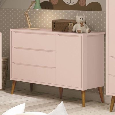 Cômoda Infantil 1 Porta E 3 Gavetas Theo Retrô Rosa Fosco Com Pés Amadeirado - Reller Móveis Rosa Fosco