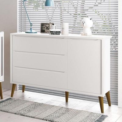 Cômoda Infantil 1 Porta E 3 Gavetas Theo Retrô Branco Fosco Com Pés Amadeirado - Reller Móveis Branco Fosco