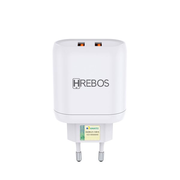 Carregador De Celular Dual Usb Turbo Rápido Power Hrebos Fonte 2 Saídas Branco Carregador De Celular Dual Usb Turbo Rápido Power Hrebos Fonte 2 Saídas Branco