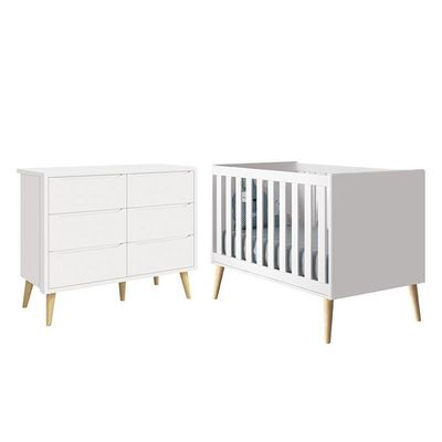 Jogo De Quarto Infantil Theo Cômoda 6 Gavetas E Berço Branco Fosco Com Pés Madeira Natural - Reller Móveis Branco Fosco