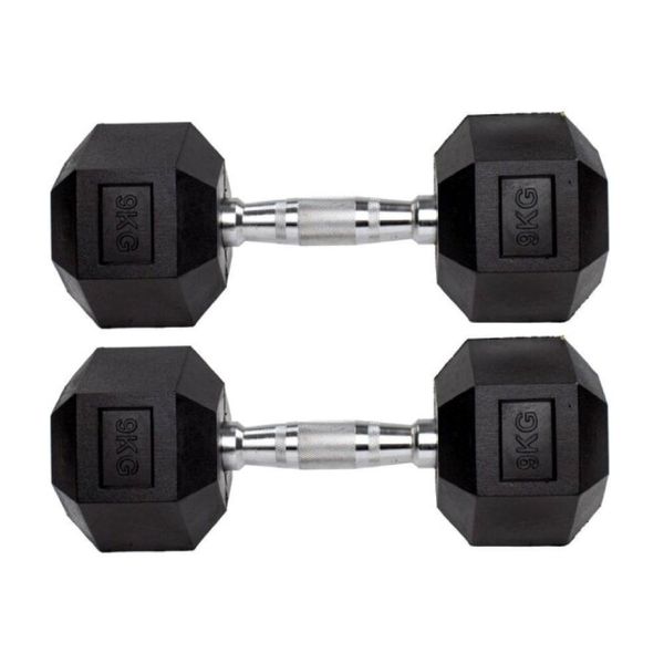 Par Halteres 9kg + 9kg Dumbbell Sextavado Emborrachado Pegada Cromada Gallant (GDb09F3B-Pt)