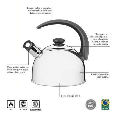 Chaleira Aço Inox 2 Litros Com Apito Tramontina