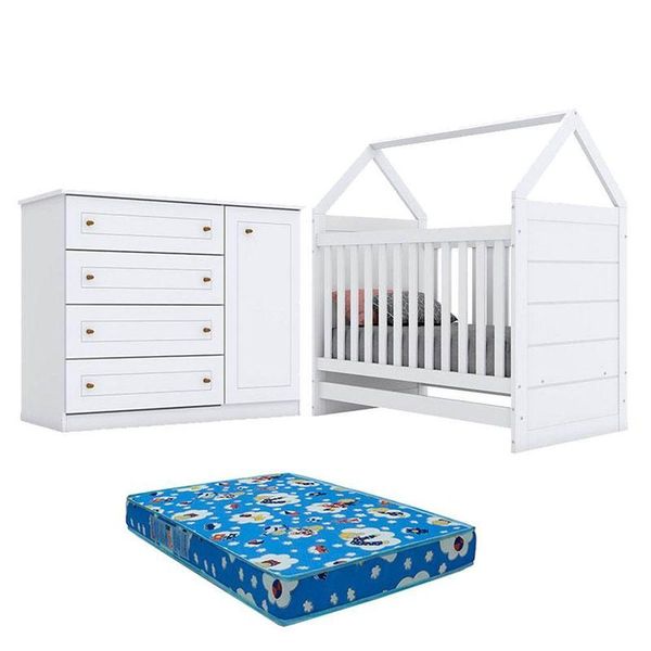 Berço Montessoriano Americano E Cômoda Infantil Mississipi Branco Com Colchão Ortobom - Henn