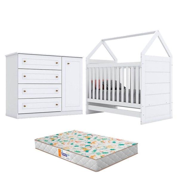 Berço Montessoriano Americano E Cômoda Infantil Mississipi Branco Com Colchão Gazin - Henn