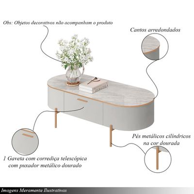 Conjunto Aparador Decorativo Amanda 1 Gaveta e Mesa de Centro Bento 1 Gaveta Pés Metálicos Dourados Fendi/Quartzo G18 - Gran Belo