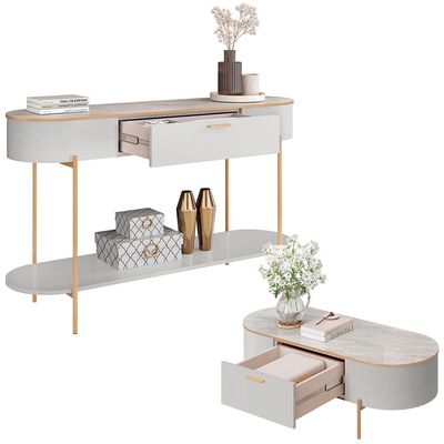 Conjunto Aparador Decorativo Amanda 1 Gaveta e Mesa de Centro Bento 1 Gaveta Pés Metálicos Dourados Fendi/Quartzo G18 - Gran Belo