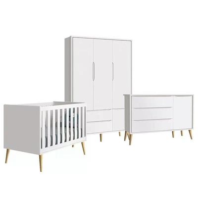 Quarto Infantil Theo 3 Portas Branco Fosco Com Pés Madeira Natural - Reller Móveis Branco Fosco