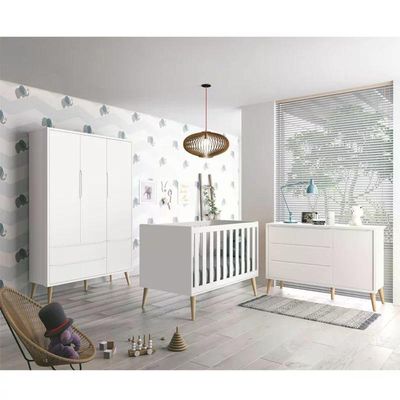 Quarto Infantil Theo 3 Portas Branco Fosco Com Pés Madeira Natural - Reller Móveis Branco Fosco