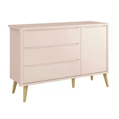 Cômoda Infantil Theo 1 Porta E 3 Gavetas Rosa Fosco Com Pés Madeira Natural - Reller Móveis Rosa Fosco
