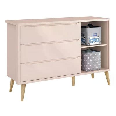 Cômoda Infantil Theo 1 Porta E 3 Gavetas Rosa Fosco Com Pés Madeira Natural - Reller Móveis Rosa Fosco