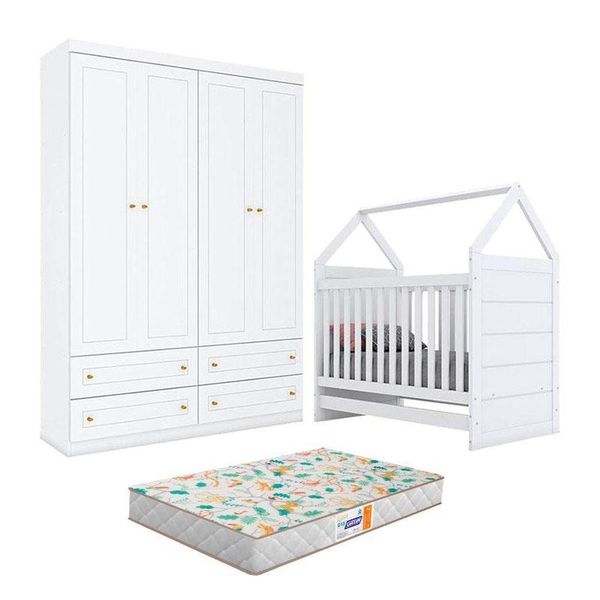 Berço Montessoriano Americano E Guarda Roupa Infantil Mississipi 4 Portas Branco Com Colchão Gazin