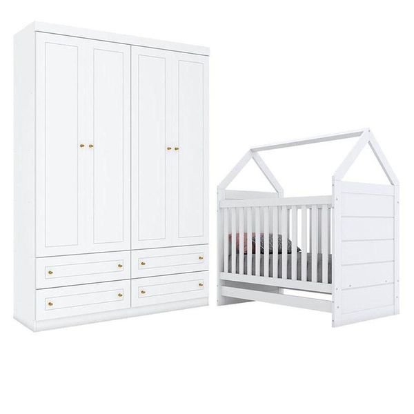 Berço Montessoriano Americano E Guarda Roupa Infantil Mississipi 4 Portas Branco Hp - Henn