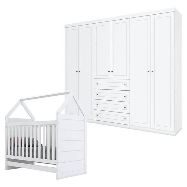 Berço Montessoriano E Guarda Roupa Infantil Mississipi 6 Portas Branco Hp - Henn