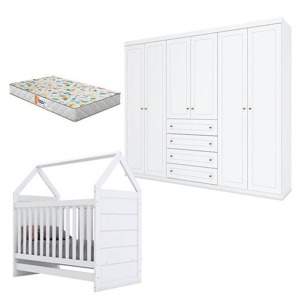 Berço Montessoriano E Guarda Roupa Infantil Americano 6 Portas Branco Hp Com Colchão Gazin - Henn