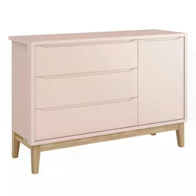 Jogo De Quarto Classic Guarda Roupa 3 Portas E Cômoda Rosa Fosco Com Pés Madeira Natural - Reller Móveis Rosa Fosco