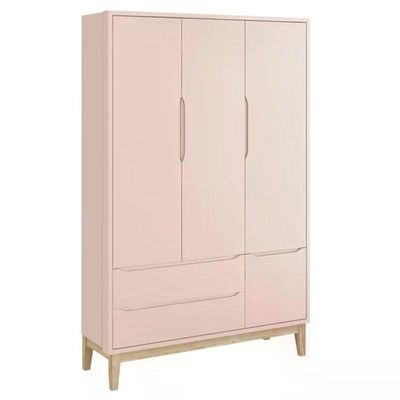 Jogo De Quarto Classic Guarda Roupa 3 Portas E Cômoda Rosa Fosco Com Pés Madeira Natural - Reller Móveis Rosa Fosco