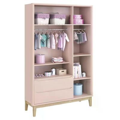 Jogo De Quarto Classic Guarda Roupa 3 Portas E Cômoda Rosa Fosco Com Pés Madeira Natural - Reller Móveis Rosa Fosco