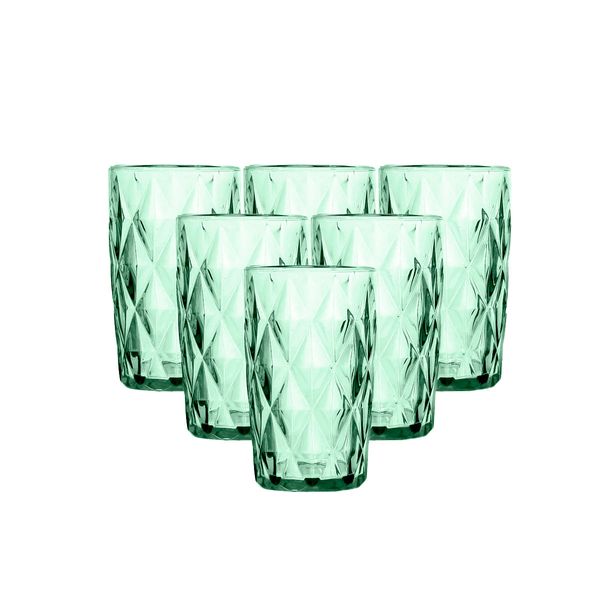 Conjunto 6 Copos de Vidro Diamond Verde Transparente Alto Grande 350ML Linha Cristal Luxo Elegante