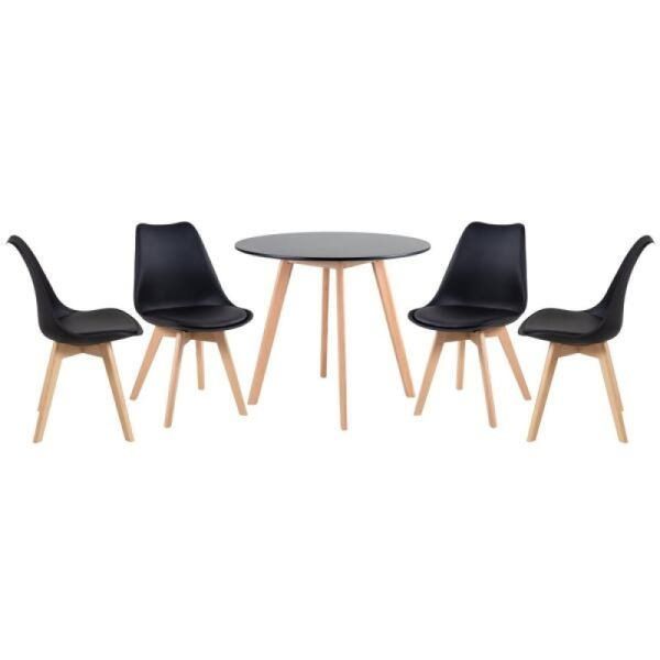 KIT - Mesa de jantar redonda 90 cm preto + 4 cadeiras estofadas Leda preto